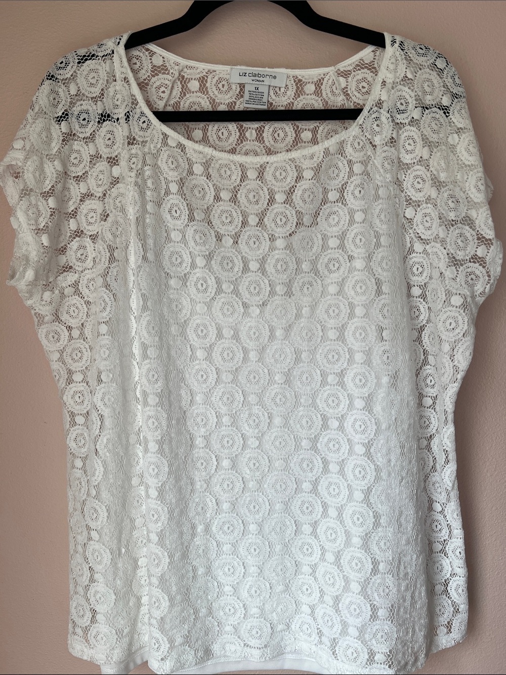 Liz Claiborne Cream Floral Lace Short Sleeve Top